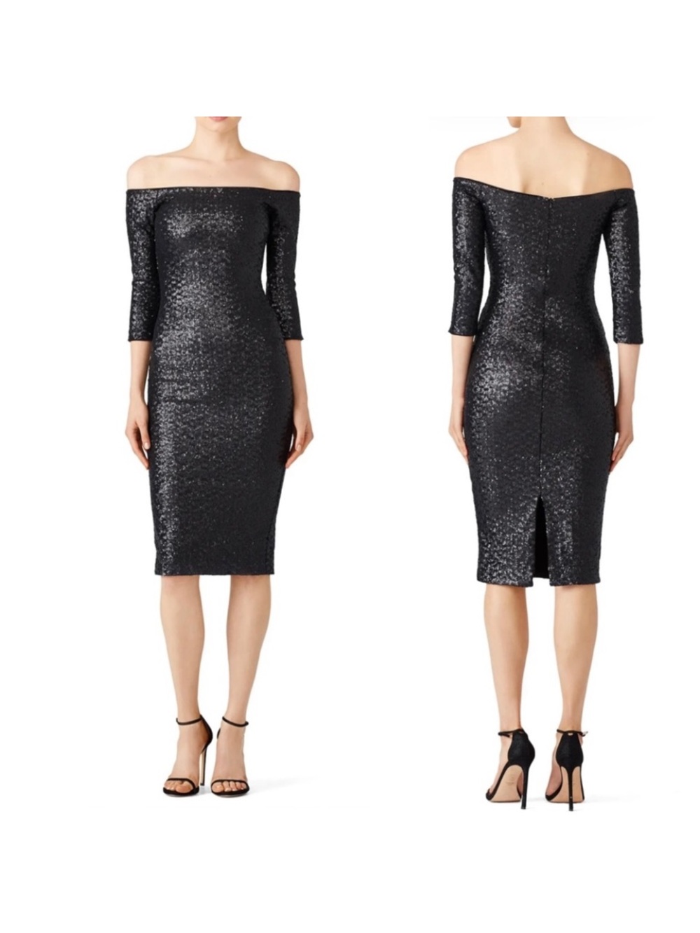Dress the Population Black Sequin Off-The-Shoulder Midi Dress